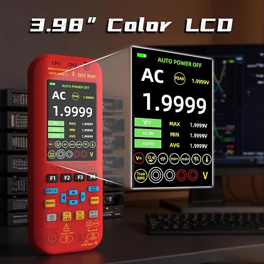 BSIDE Dual Channel Oscilloscope Multimeter, 50MHz Bandwidth 3.98" Full-Viewing TFT LCD DDS Generator, Measure Flexible AC Current Clamp Temp Capacitance Diode Voltage with 5000mAh Rechargeable Battery