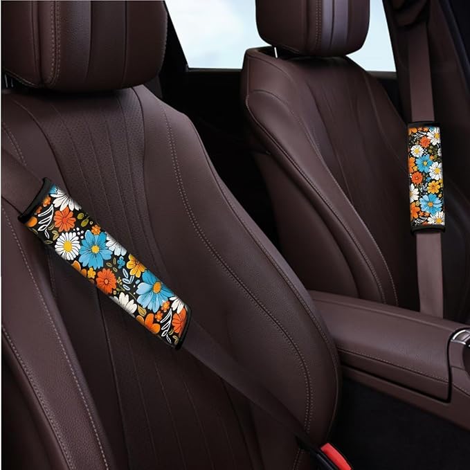 BIGCARJOB Hippie Daisy Print Car Seat Cover Set of 12 Pieces Stylish Daisy Print Car Accessories Set with Seat Belt Cover,Armrest Pads,Cup Holder Coaster,Universal Steering Wheel Covers