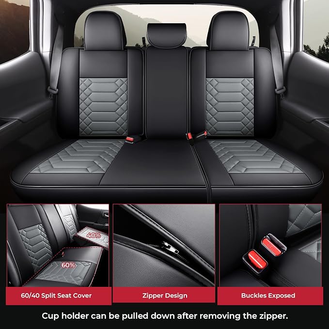FREESOO Tacoma 2016-2023 Seat Covers Custom Fit for Toyota Tacoma Double Crew Cab Faux Leather Full Set Pickup Truck Seat Covers (Full Set, BlackGrey)