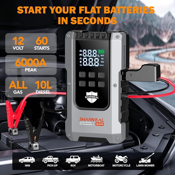 6000A Jump Starter with Air Compressor 160PSI Tire Inflator, 12V Car Battery Fast Charge Portable Jump Starter for All Gas/10L Diesel, Jump Box Pack with 3 Modes Flashlight and Jumper Cables