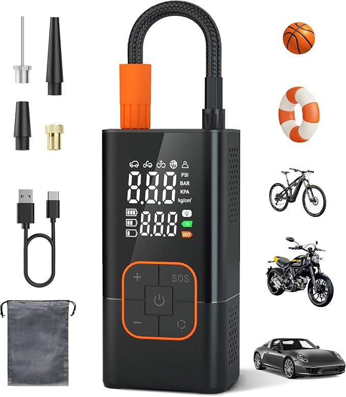 Tire Inflator Portable Air Compressor - 150PSI Air Pump for Car Tires, Portable Air Compressor with Digital Tire Pressure Gauge, Cordless Electric Bike Pump for Inflatables, Motorcycle, Ball