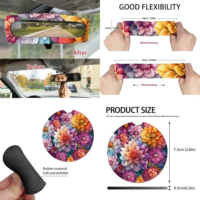 15Pcs Boho Blossoms Car Seat Cover Full Set for Women with Car Steering Wheel Cover Seat Belt Cover Trash Bin Front Rear View Mirror Car Cup Holder Keychain