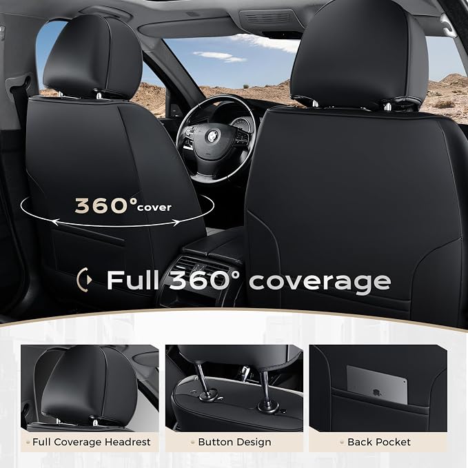 Coverado Car Seat Covers Full Set, Seat Covers for Cars, Car Seat Cover, Car Seat Protector, Leather Car Seat Cushion, Waterproof Car Seat Covers Front Seats and Back Fit for Most Cars(Purple&Black)