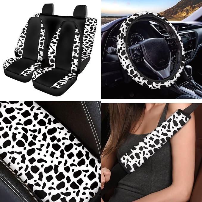 Cow Print 12 Pcs Car Seat Cover Set with Auto Steering Wheel Cover Armrest Cushion Cup Coasters Protector Seat Belt Covers,Automotive Interior Sets Universal Fit Most Cars SUV