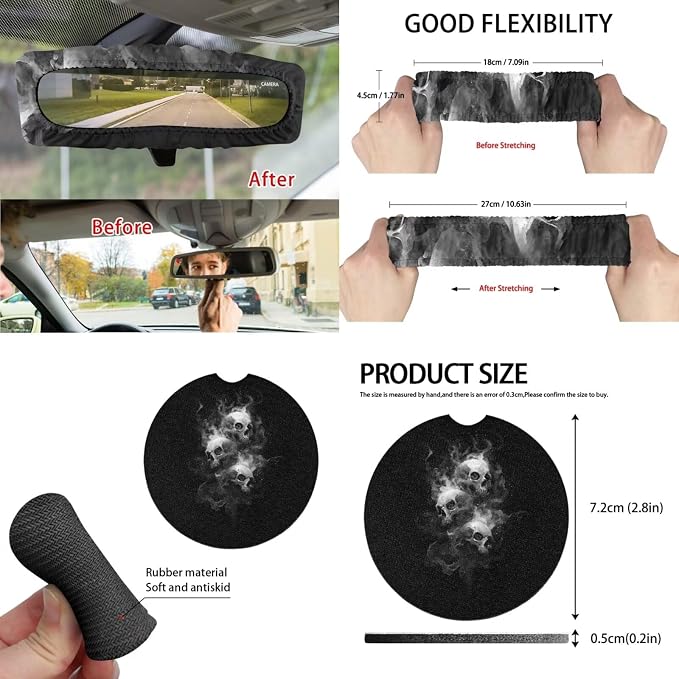 15 Pcs Black Skull Car Seat Covers Full Set for Women Goth Car Accessories Interior Car Steering Wheel Cover Seatbelt Covers Trash Bin Rear View Mirror Cover Cup Holders Keychain