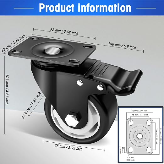 3" Swivel Plate Casters, 1000Lbs Capacity with Brake | Black, 4-Pack, PU Wheels, Double Ball Bearings, Quiet & Non-Marking, for Workbenches & Carts