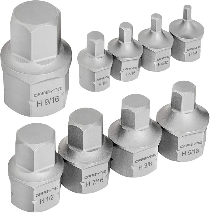 CARBYNE 9-Piece SAE Stubby Low Profile Hex (Allen) Bit Socket Set, 1/8 to 9/16 in., S2 Steel, Super Short Allen Sockets, Dual Drive Internal Square and External Hex for Tight Confined Spaces