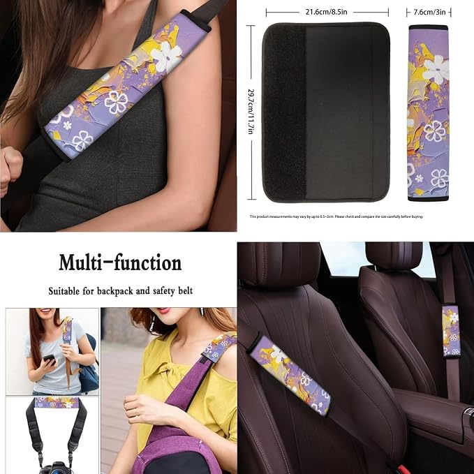 Daisy 13 Pcs Car Seat Covers, Flower Relief Print Universal Driver Seat Cover Protector Armrest Pad, Purple Yellow Floral Steering Wheel Armrest Cover Seatbelt Cup Mats