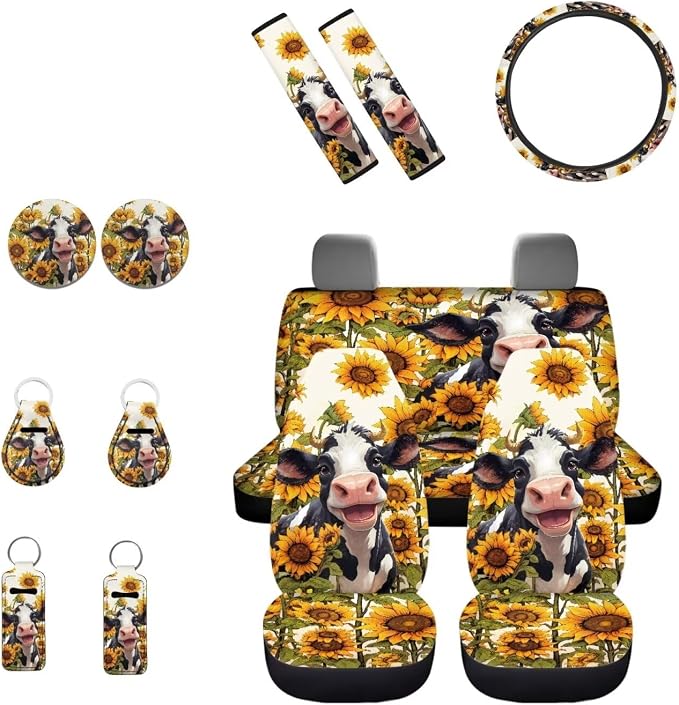 INSTANTARTS Cow Sunflower 13 Pcs Car Seat Cover Set Seat Belt Cover Steering Wheel Cover Key Fob Coaster Lipstick Cover Universal Car Accessories