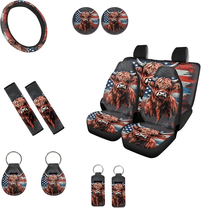 INSTANTARTS American Flag Highland Cow Car Accessories Full Set of 13 Front Rear Seat Covers with Keychain Lipstick Holder Coasters Steering Wheel Cover Seat Belt Cover