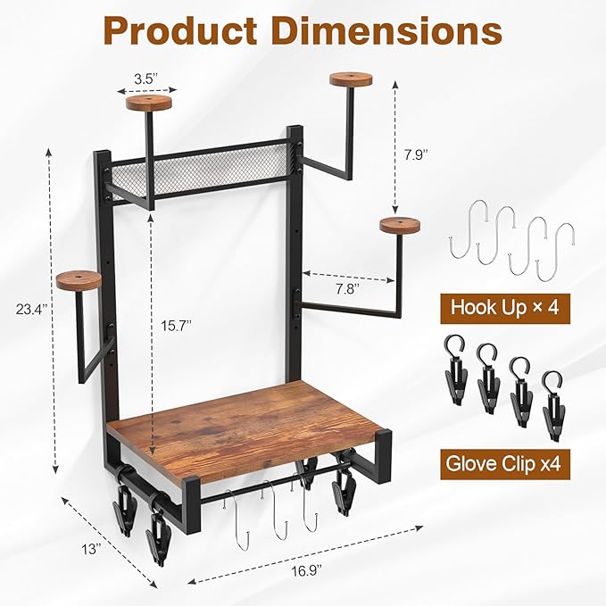 Wall Mounted Motorcycle Helmet Holder, Heavy-Duty Helmet Rack with 4 Helmet Mounts & 4 Glove Clips, Rustic Wall Mounted Organizer with 4 Hooks for Motorcycle Helmets, Shoes, Accessories