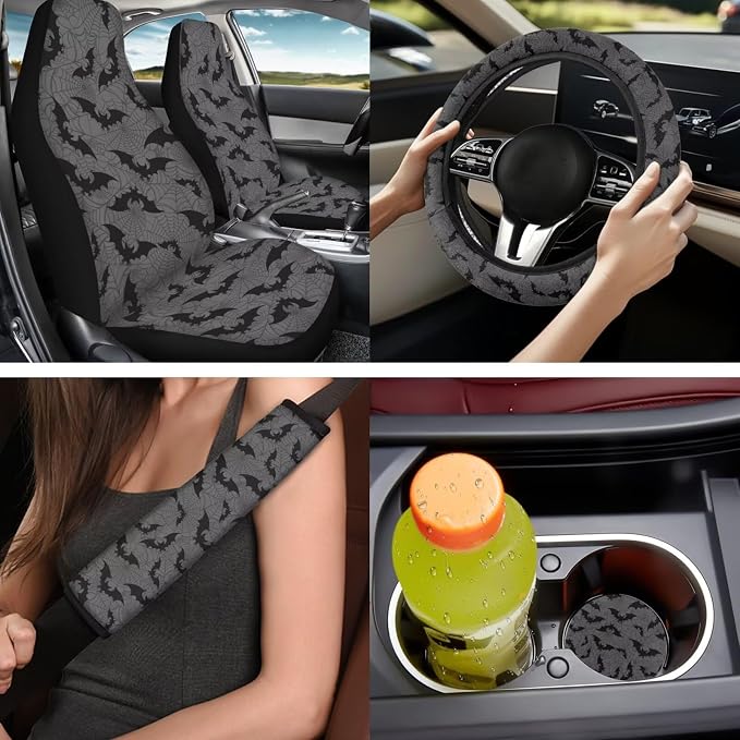 Bulopur Halloween Bat Vehicle Seat Covers Full Set with Steering Wheel Cover Comfortable Armrest Pad Easy to Install Car Seat Belt Covers 14 PCS Automotive Interior Decor Set