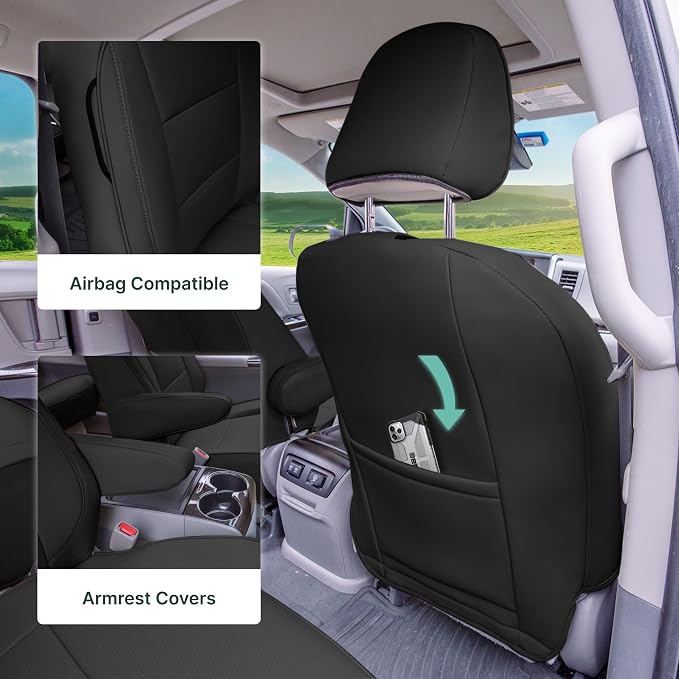 FH Group Custom Fit Car Seat Covers Specifically Made for 2011-2020 Toyota Sienna 7 Passenger, Car Seat Cover Front Set, Automotive Seat Covers in Black Faux Leather, Waterproof and Washable