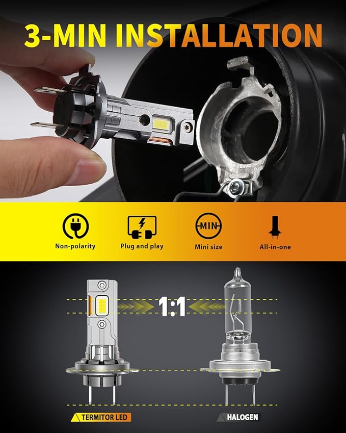 Termitor 2026 Upgraded H7 LED Bulbs, 70,000LM 1500% Brighter, 6500K Cool White, No Adapter Required, 70K+ Hours Lifespan, 1:1 Halogen Size, CanBUS Ready No Flickering, Plug and Play, Pack of 2