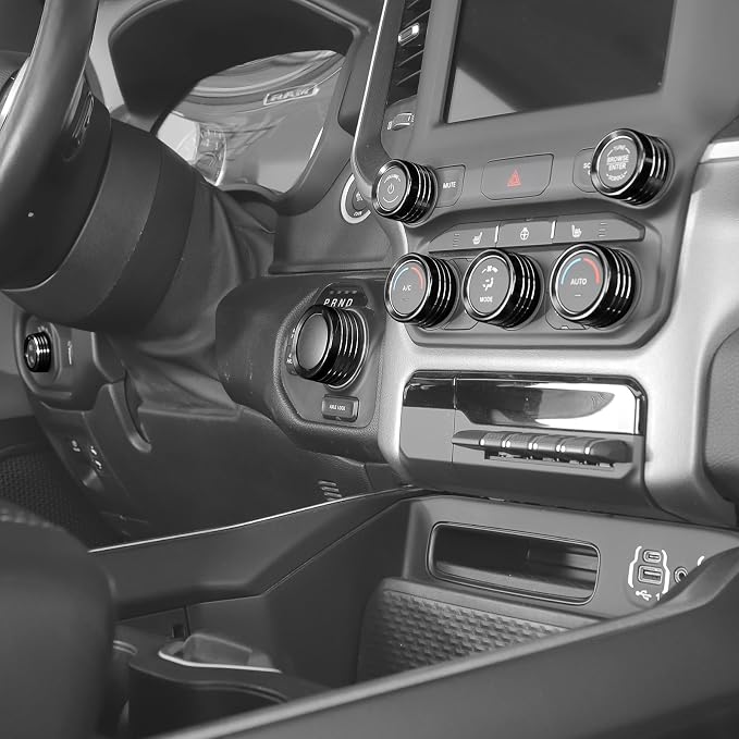 Jimen for Ram Center Console Knob Covers, 7PCS AC Air Conditioner Audio Volume Button & Headlight Switch & 4WD Shifter Knob Ring Trim Fit for Dodge Ram 2018-2025 (Black)
