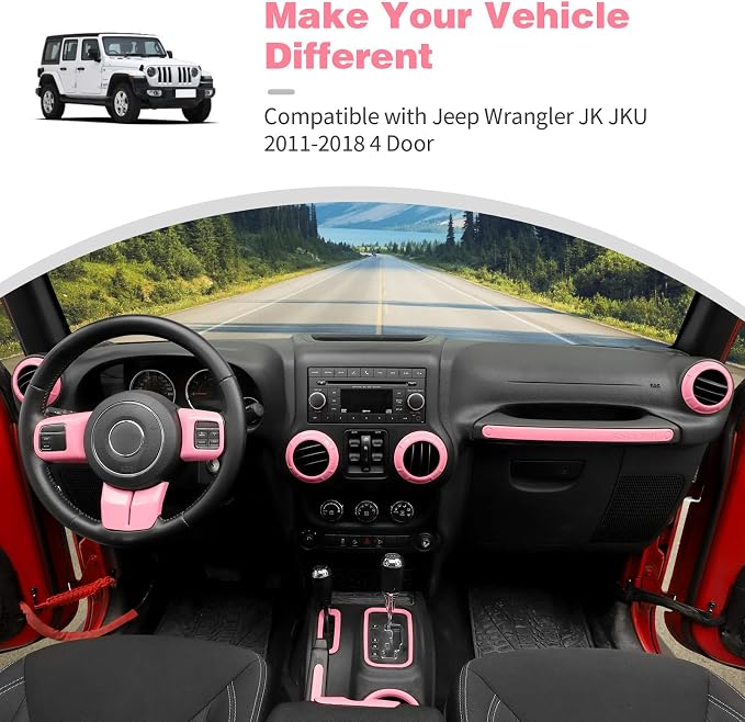 CheroCar 18PCS Interior Trim Kit for Jeep Wrangler JK JKU 2011-2018 4 Door,Steering Button Frame, Air Conditioning Vent Trim Cup Holder Cover,Gear Shift Knobs Frame,Pink…