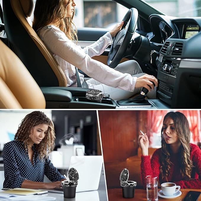 eing Car Ashtray Portable Cigarette Smokeless Cylinder Cup Holder with Blue LED Light Indicator and 2 Replacement Batteries,Car Accessories for Women,Ideal for Car,Home and Office,2-Pack Black+Black