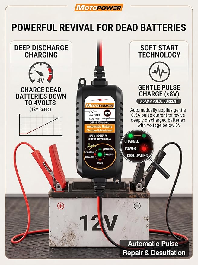 MOTOPOWER MP00205A 12V 800mA Automatic Battery Charger, Maintainer, Trickle and Desulfator