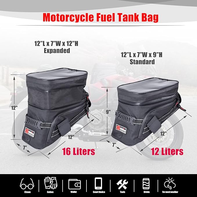 Goldfire Motorcycle Tank Bag Expandable ADV Gas Oil Fuel Tank Saddle Bag with Strong Strap Mount Water Resistant Motorcycle Storage Bag(Black)