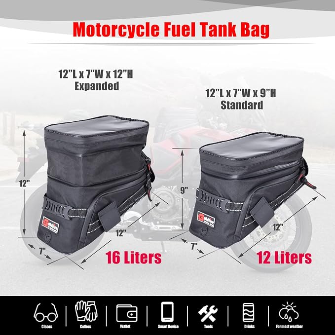Goldfire Motorcycle Tank Bag Expandable ADV Gas Oil Fuel Tank Saddle Bag with Strong Strap Mount Water Resistant Motorcycle Storage Bag(Black)