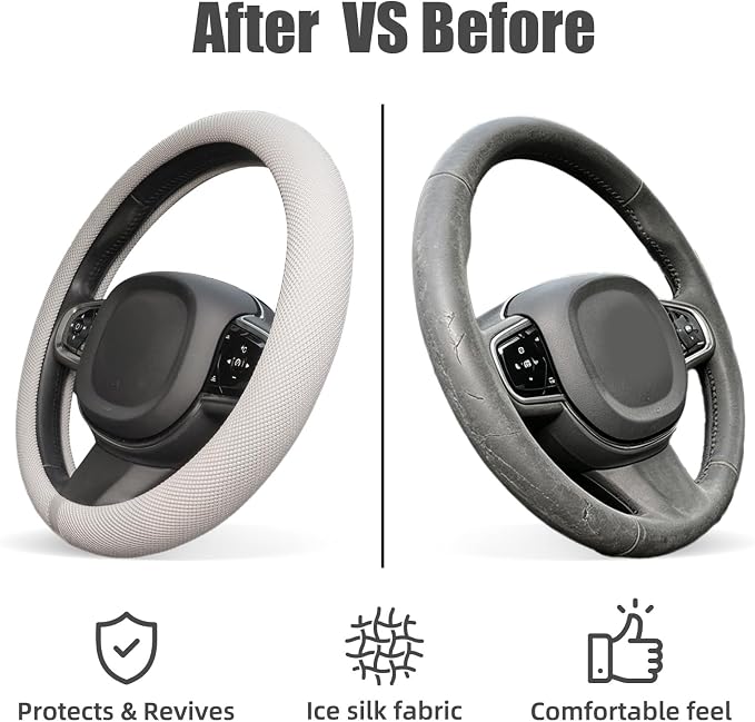 Universal 15 Inch Steering Wheel Cover for Cooling, Non-Slip Breathable Cooling Car Steering Wheel Cover with Upgraded Silicone Inner Ring for Round/D Shape, Warm in Winter Cool in Summer, White Gray