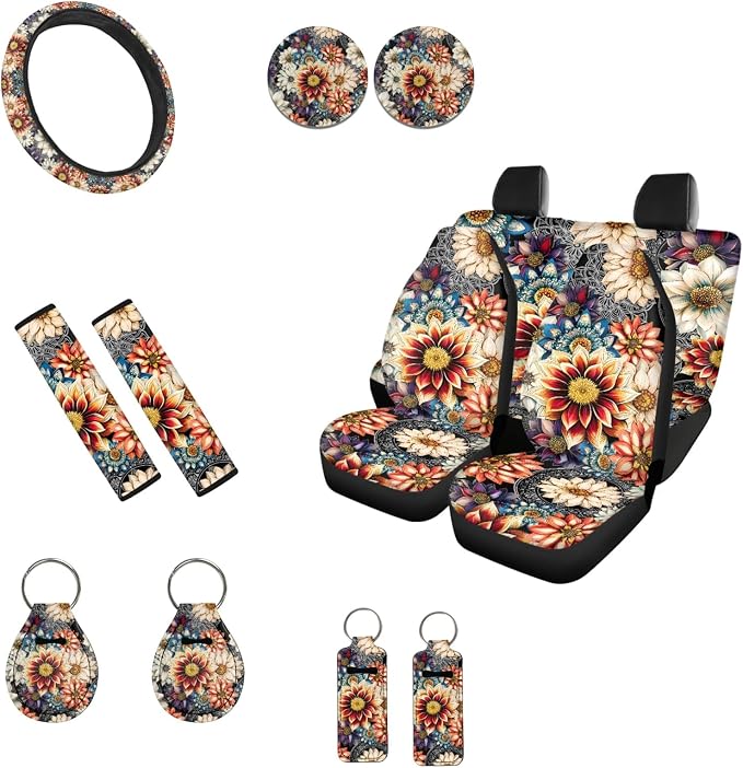 INSTANTARTS Dahlia Mexican National Flower Car Front Rear Seat Covers 13 Piece Vehicle Protector Keychain + Chapstick Sleeve + Steering Wheel Cover + Seat Belt Pads + Coasters