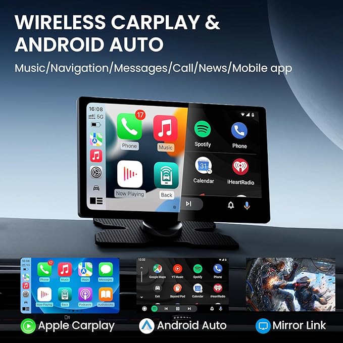 TECXERLLON 9.0" Wireless CarPlay Screen for Car, Android Auto Screen for Car with Backup Camera, Portable Touchscreen car Stereo with GPS Navigation/Mirror Link/Voice Control/Bluetooth/FM/AUX