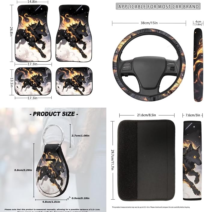18 Pcs Cool Wolf Car Interior Accessories Set, Car Seat Covers Full Set with Auto Floor Mats Steering Wheel Cover Armrest Pad Seat Belt Pads Handle Wraps Keychain Cup Coaster