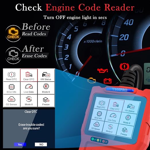 Car Scanner and Battery Tester 12v / 24v Automotive, 20-2000 CCA Car Battery Tester and Check Engine Code Reader, T300PRO