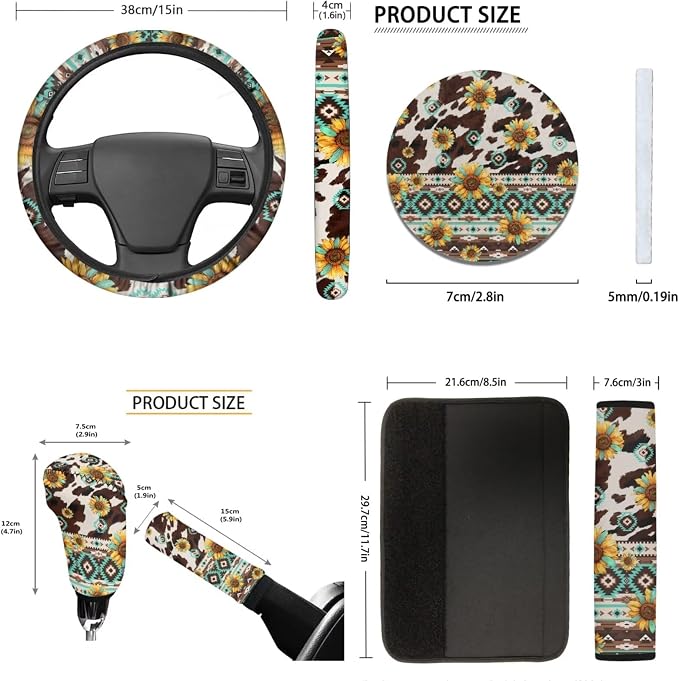 Tupalatus Aztec Auto Accessories Decor Set of 9 Car Seat Covers Hand Brake Cover,Gear Shift Knob Cover,Seat Belt Pads,Coaster,Steering Wheel Cover Universal Fit for Car Truck SUV