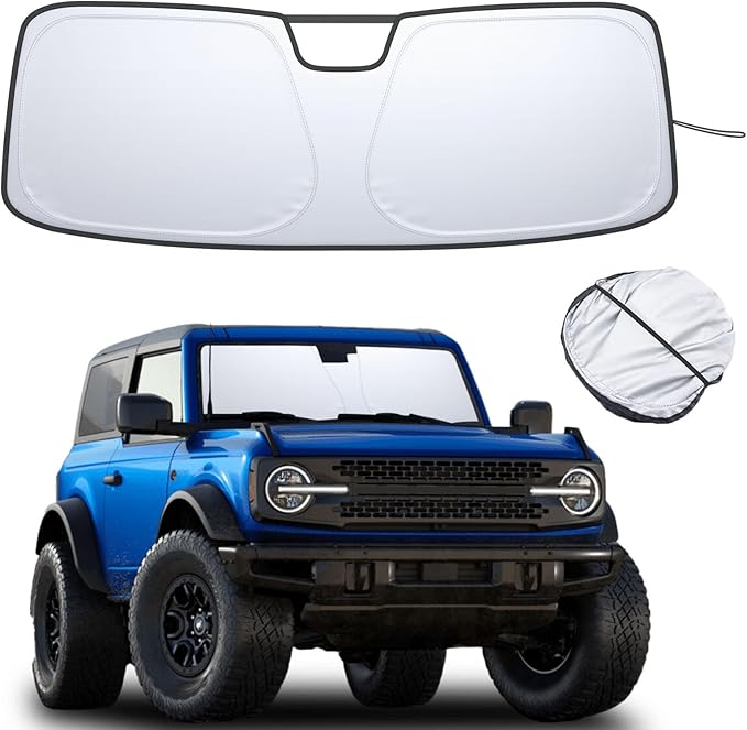 TOPINSTALL Gear Shifter Organizer and Windshield Sunshade Compatible with 2021-2024 Bronco 2/4 Door, Center Console Gear Side Storage Box Tray and Front Window Sun Protector (Not for Sport Model)
