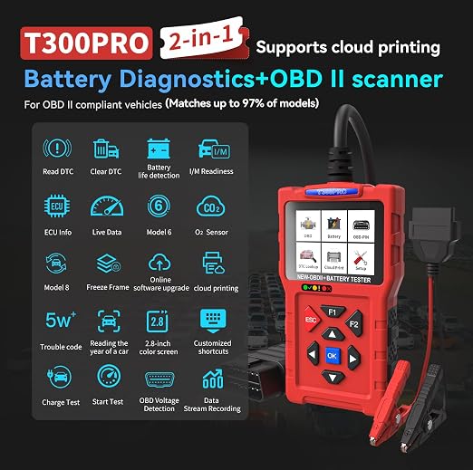 Car Scanner and Battery Tester 12v / 24v Automotive, 20-2000 CCA Car Battery Tester and Check Engine Code Reader, T300PRO