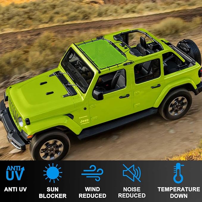JT JL Top Sun Shade Roof Compatible with Jeep Wrangler and Gladiator 2 or 4 Door 2018 to 2023 Sunshade Sunroof Blocks UV Wind Noise Green Mesh for Front
