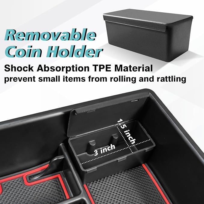 BestEvMod Center Console Organizer Tray Compatible with Chevy Blazer EV 2026 2025 2024 2023 Interior Accessories Armrest Storage Box ABS Material with PVC Trim & Removable Coin Holder (Red)