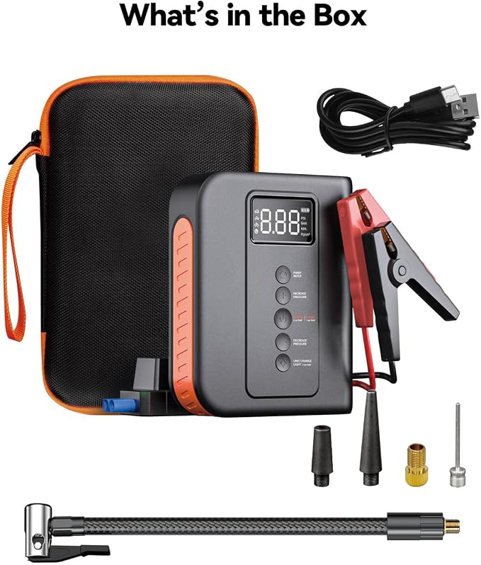 10000 amp Jump Starter with Air Compressor for Car, Battery Portable Power Pack 150PSI Tire Inflotor, USB Charge, LED Light, for All Gas and Up to 8L Diesel Engines Jumper Box