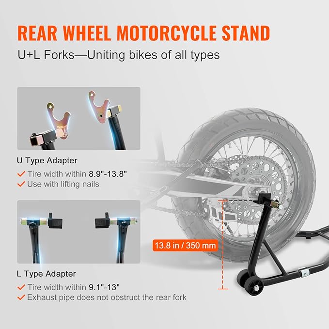 vevor Motorcycle Stand Lift 850lbs Front Rear Combo Stand Lift Stand Front Wheel Fork Stand Rear U+L Fork Swingarm Spool Stand Compatible with Most Yamaha Honda Kawasaki Suzuki Motorcycles Black