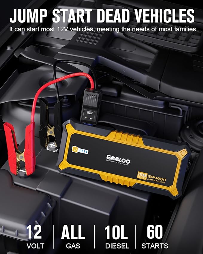GOOLOO GP4000 Jump Starter 4000A Peak Car Starter (All Gas,up to 10.0L Diesel Engine) SuperSafe 12V Lithium Jump Box,Auto Battery Booster Pack,Portable Power Pack with USB Quick Charge and Type C Port