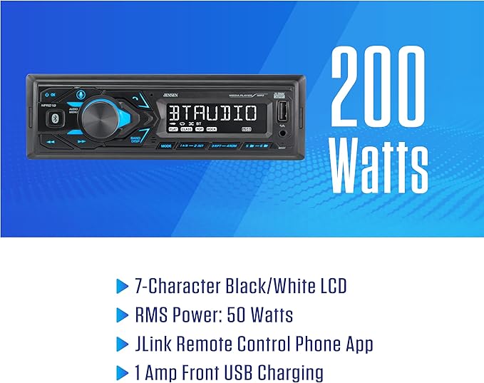 JENSEN MPR210 7-Character LCD Single DIN Car Stereo Radio | Bluetooth Hands Free Calling & Music Streaming | Push to Talk Assistant | AM/FM Radio | USB Playback & Charging | Not a CD