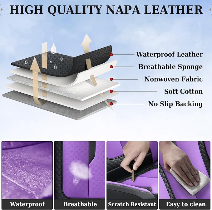 Coverado Car Seat Cover Front Seats, Purple Seat Covers Front Seats, Nappa Leather Waterproof, Car Seat Cushion, Car Seat Protector Universal Fit Most Cars