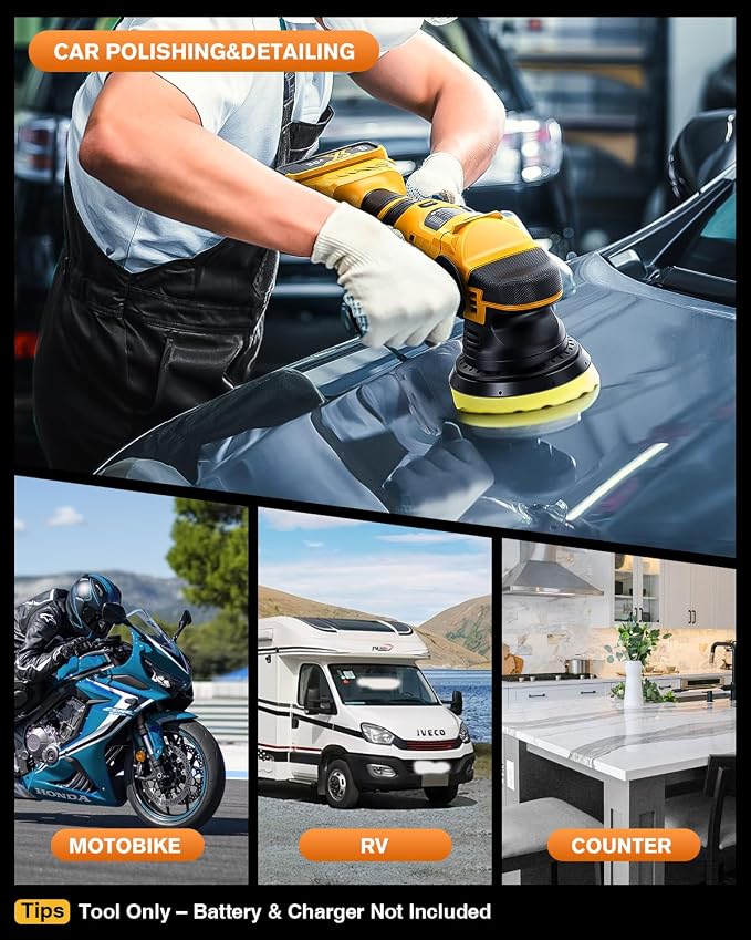 Brushless Cordless Car Buffer Polisher for Car Detailing, 15mm Dual Action, Compatible with DeWalt 20V MAX, 5-Speed Control, Includes 5-inch Polishing Pads (Tool Only, NO Battery / Charger)