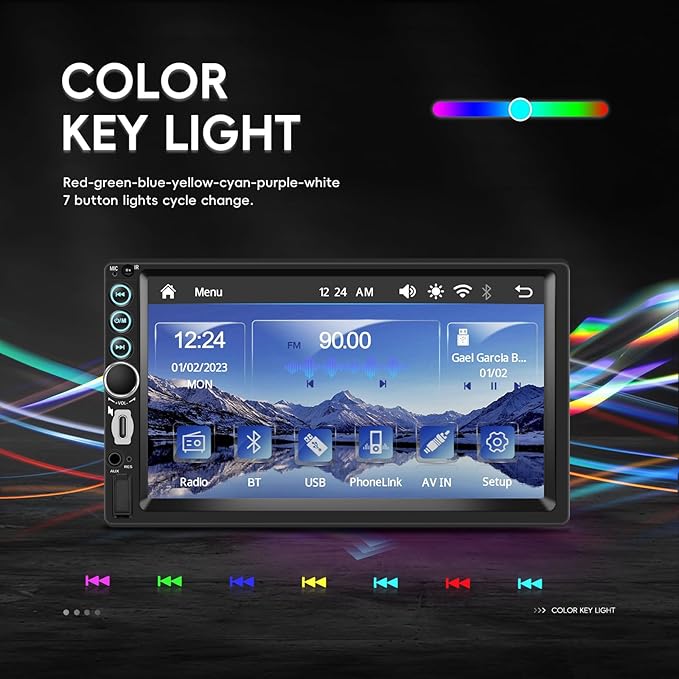 7 Inch Double Din Car Stereo with Wireless Carplay Android Auto Car Audio Receivers, Car Radio with Mirror Link, Bluetooth, SWC, FM, EQ, USB/Type C Charge 7 Color Light