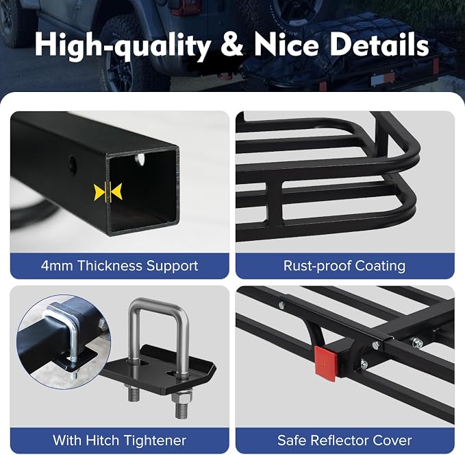 53" x 19" x 5" Hitch Cargo Carrier, 500 Lbs Heavy Duty Trailer Cargo Carrier Basket, Hitch Mount Cargo Carrier with Net, Strap, Tightener, Fits 2" Hitch Receiver for Car SUV Truck Pickup