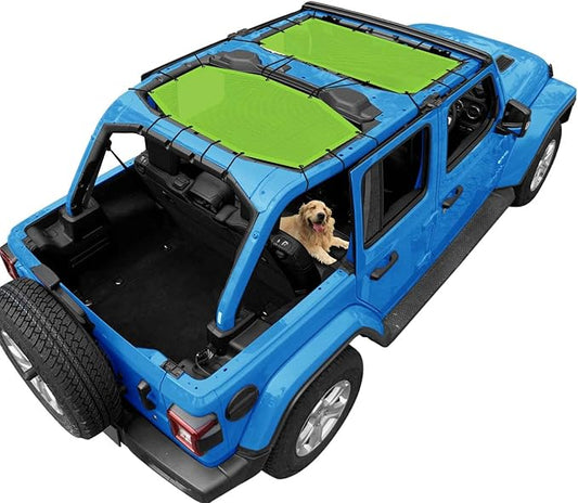 JL Top Sun Shade Roof Compatible with Jeep Wrangler 2 or 4 Door 2018 to 2023 Sunshade Sunroof Blocks UV Wind Noise Green Mesh for Front and Rear 2 pcs