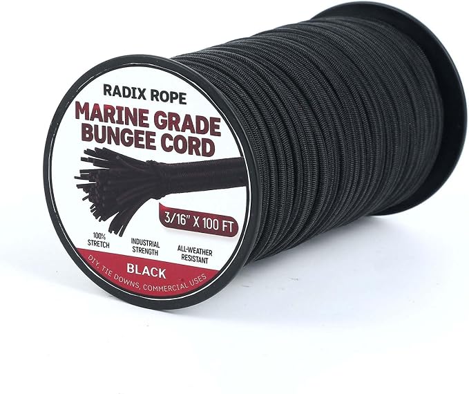 Marine Grade Bungee Cords Heavy Duty Outdoor - Bungee Cord Roll - 100% Stretch Elastic Cord and Absorbent Bungee Shock Cord for Kayak Deck, Camping, Crafting (3/16" x 100ft)