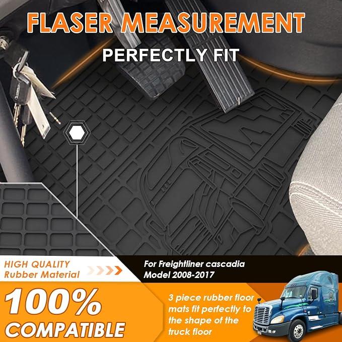 Floor Mats Fit for Freightliner Cascadia 2008-2017 | Heavy Duty Truck Floor Liners | All-Weather Rubber Cargo Mats | Freightliner Cascadia Interior Accessories | 3-Pcs Set