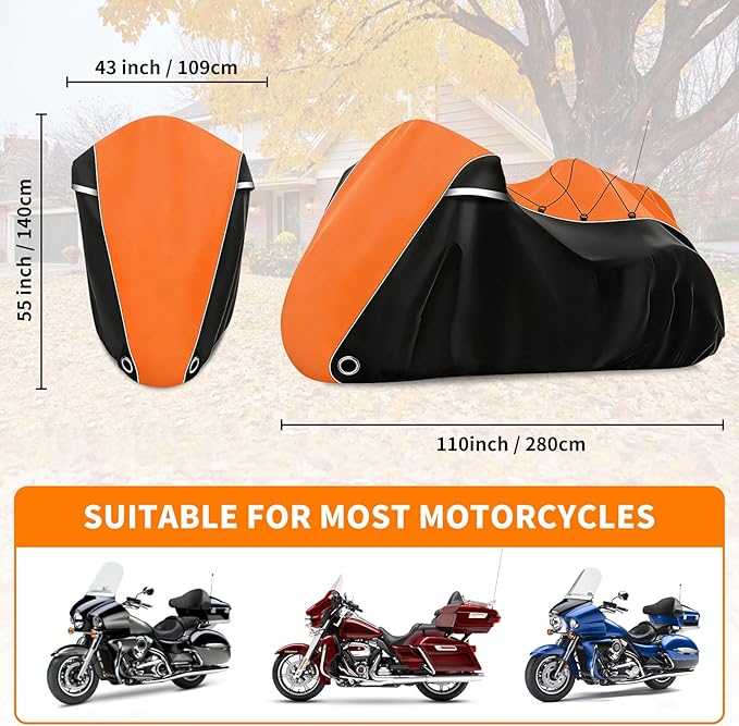 COVERVIN Motorcycle Cover with Side+Top Box Heavy Duty 420D Waterproof for Harley Davidson Ultra Ltd, Road Glide Ltd, Honda Gold Wing, Road Master, Indian, Indoor & Outdoor Storage (Black&Orange)
