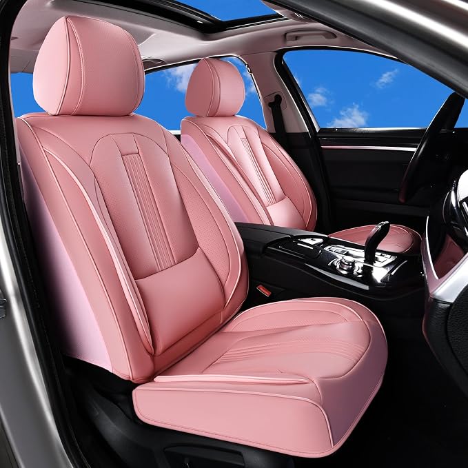 Huidasource Universal Car Seat Cover, Car Seat Cover Set Nappa Leather with Lumbar Support, Side Elastic Fabric, Velcro Adjustable, Airbag, Ventilation, Universal Fit for Most Cars SUV Trucks, Pink