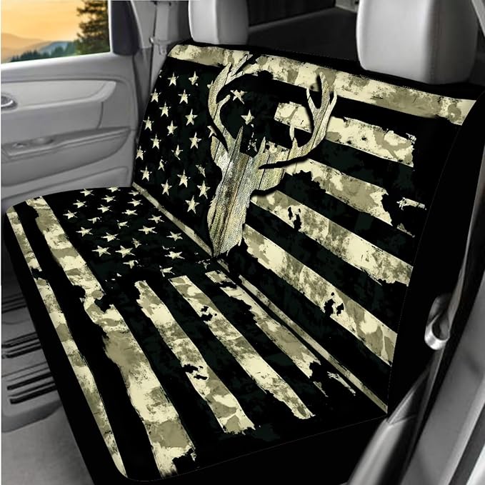 BIGCARJOB American Flags Deer Car Front Rear Seat Covers Full Set for Men Auto Interior Accessories 15 Pack Car Headrest Cover,Car Trash Can,Car Seat Protector Set