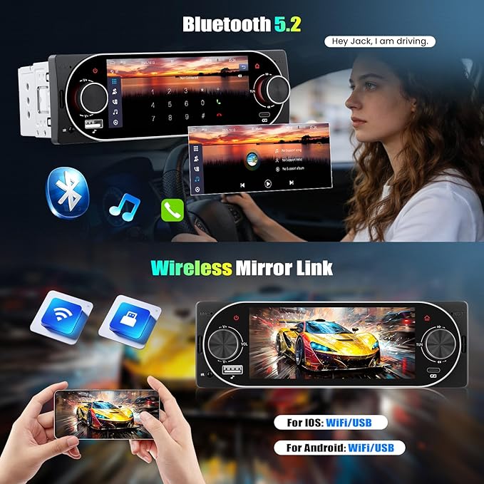 [Bluetooth 5.2 EQ] Single Din Car Radio Stereo with Wireless Carplay Android Auto, 5.1 inch IPS Touchscreen 1 Din Car Radio with Mirror Link USB & Type-C AUX FM Radio SWC Backup Cam SWC Voice Control