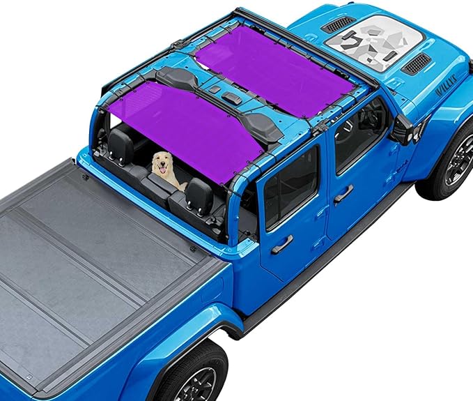 JT Top Sun Shade Roof Compatible with Jeep Gladiator 4 Door 2018 to 2023 Sunshade Sunroof Bikini Cover Blocks UV Wind Noise Purple Mesh for Front and Rear 2 pcs